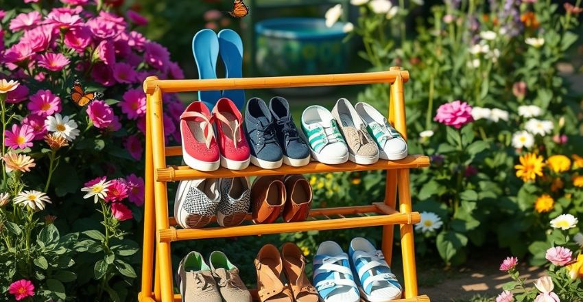 Outdoor shoe storage keeping footwear organised
