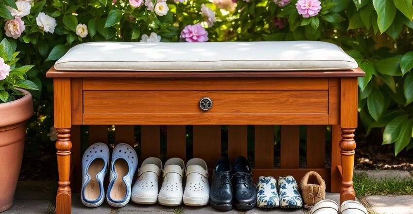 Weather-resistant outdoor shoe storage with shelves
